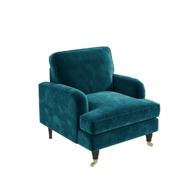 Teal Blue Velvet Armchair Foam Filled With Dark Wood And Gold Legs