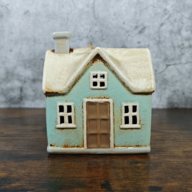 Village Pottery Tealight Holder Traditional House Light Blue Ceramic