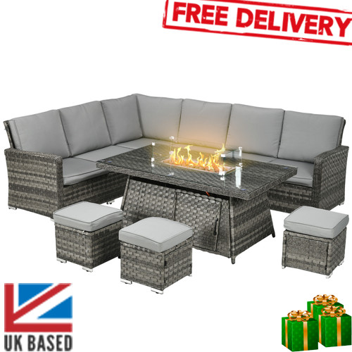 7 Pieces Rattan Garden Furniture Set W/ 50,000 Btu Gas Fire Pit Table