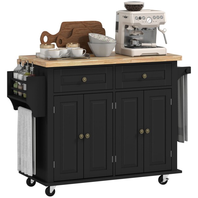 Homcom Rolling Kitchen Island Cart With Rubber Wood Top, Spices Black