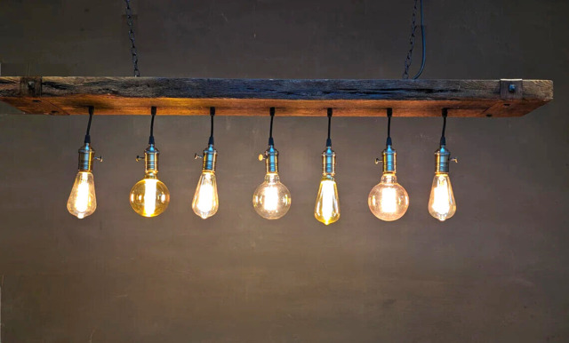 Suspended Rustic Wood Beam Light With Bulbs, Chandelier, Timber