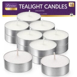 Sol 15pk White Unscented Tea Light Candles Long Burning – 3.5 Hour