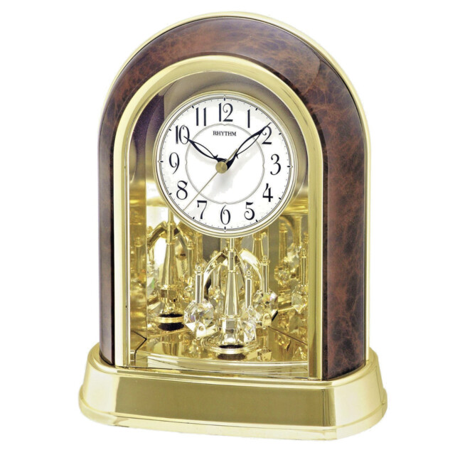 Rhythm Gold Arch Wood Effect Mantel Clock Rotating Pendulum Adorned