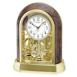 Rhythm Gold Arch Wood Effect Mantel Clock Rotating Pendulum Adorned