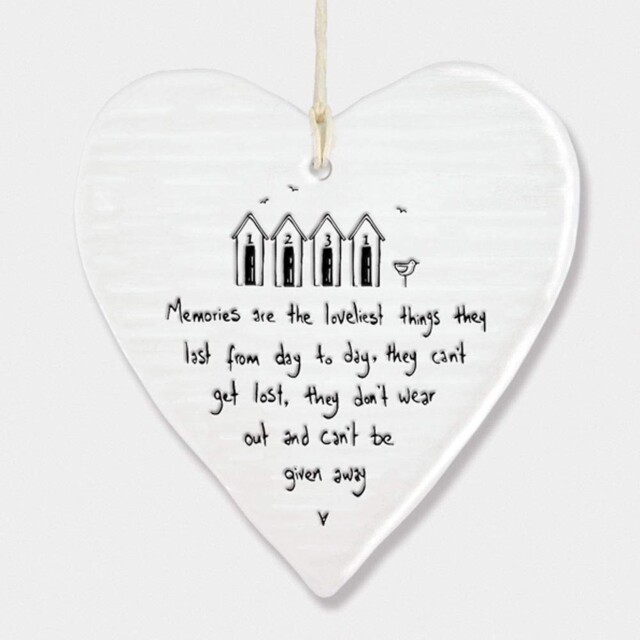 ‘memories’ Wobbly Hanging Heart 10cm X 10cm, White