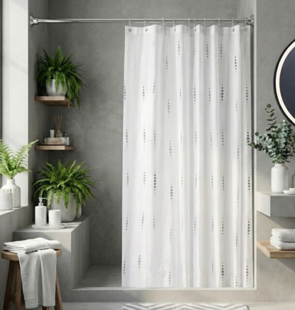 Silver Dotty Textile Shower Curtain Water Resistant Weighted Hem