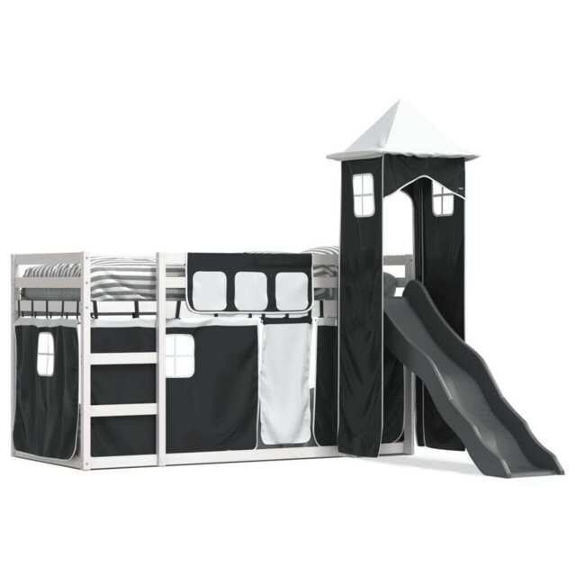 Bunk Bed With Slide And Curtains White And Black 90x200 Cm Vidaxl