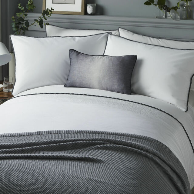 Serene Pom Pom Trim Pintuck Detail Duvet Quilt Cover Bed Set In Grey