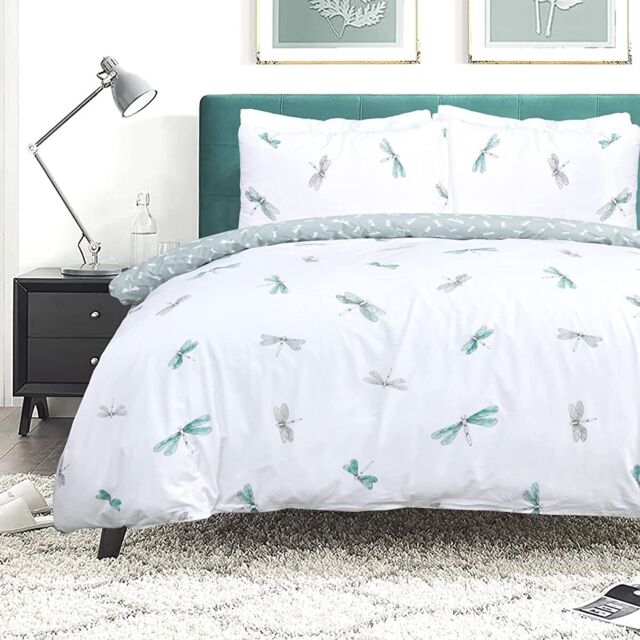 Sleepdown Dragonfly White Green Reversible Duvet Cover Quilt Pipe Edge
