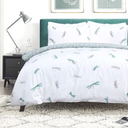 Sleepdown Dragonfly White Green Reversible Duvet Cover Quilt Pipe Edge
