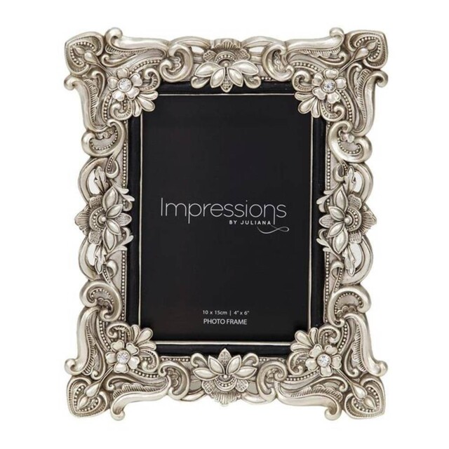 Floral Antique Photo Frame - Vintage Silver - 4x6 Inch Photo