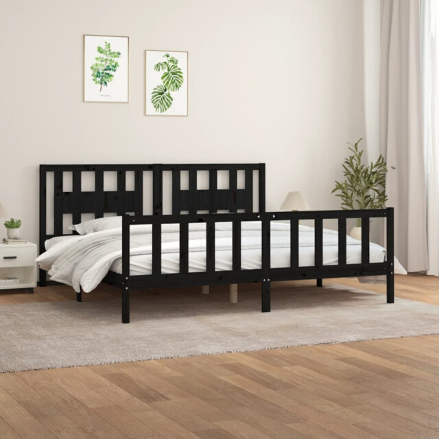 Bed Frame Solid Pine Wood 150x200cm King Black Rustic Headboard