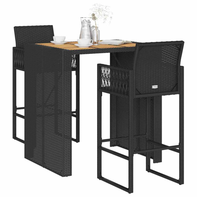 Garden Bar Set Black Pe Rattan With Acacia Top 105x80x110cm 2 Stools