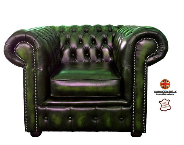 Chesterfield Genuine Pure Leather Club Arm Chair Antique Green Uk