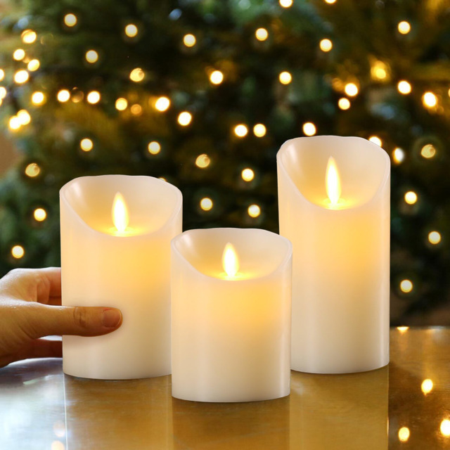Set Of 3 Led Flameless Pillar Candles Flickering Battery Operated With