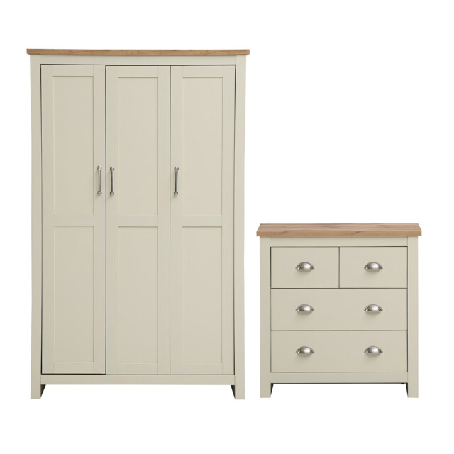 2 Piece Bedroom Set 3 Door Wardrobe 4 Drawer Chest Cream And Oak