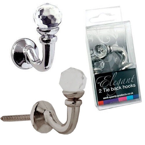 Crystal Palma Curtain Tie Back Hooks - Satin Silver Or Chrome - Pair