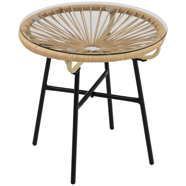 Outsunny Rattan Side Table W/ Tempered Glass Tabletop, Beige