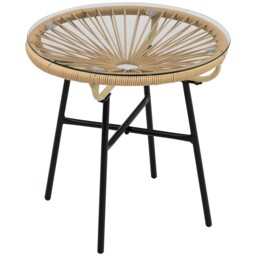Outsunny Rattan Side Table W/ Tempered Glass Tabletop, Beige