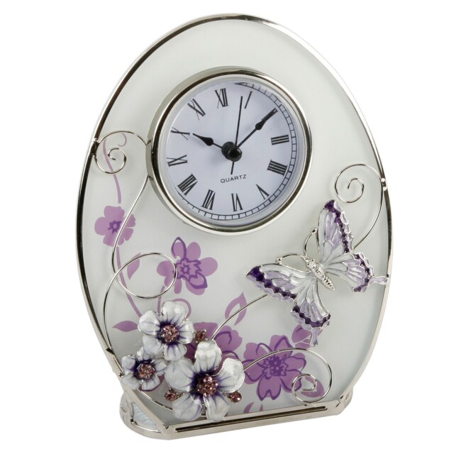 Oval Glass Purple Butterfly, Flowers & Crystal Quartz Clock