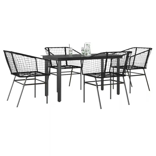 5 Piece Garden Dining Set Black Poly Rattan Glass Vidaxl