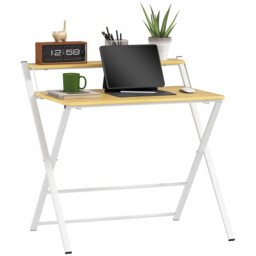 Folding Computer Desk With 2 Tier Storage Shelf Home Office Maple