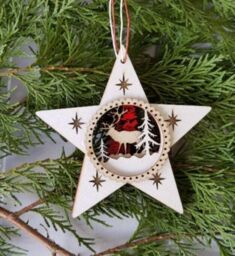 White Scandi Wooden Christmas Fretwork Deer Detailed Star Hanging
