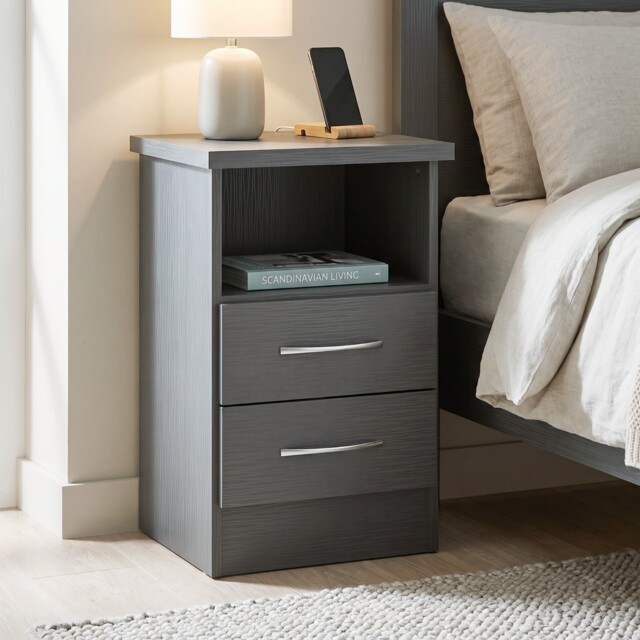 Nevada 2 Drawer Open Shelf Bedside Cabinet 3d Grey Nightstand Table