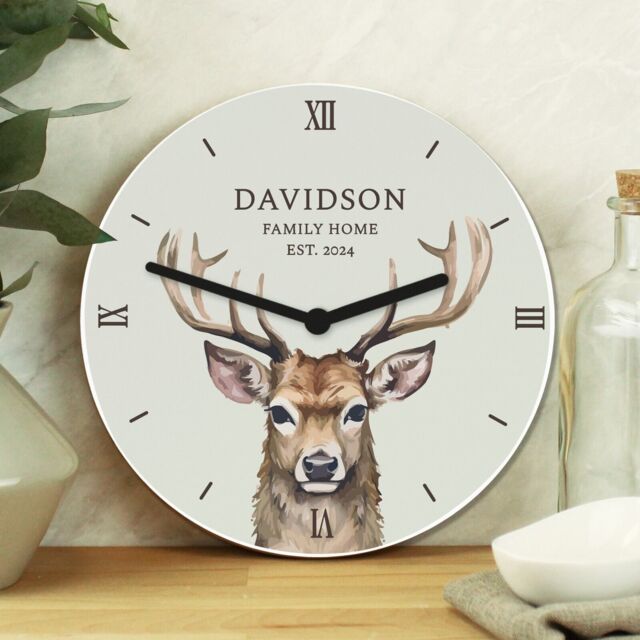 Personalised Stag Head 25cm X25cm Small Wooden Kitchen Wall Clock Home