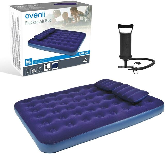 Air Bed Queen Sized Flocked Airbed With Pillows And Hand Pump - 98109
