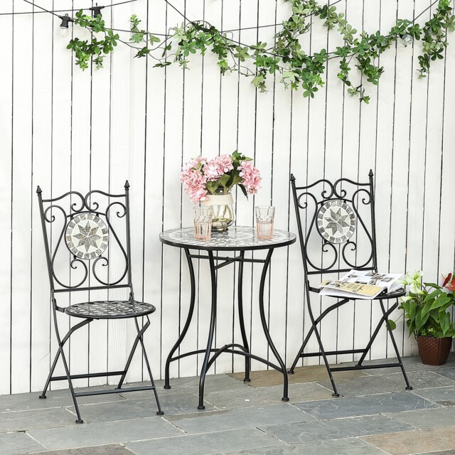 3 Pcs Mosaic Tile Garden Bistro Set Outdoor Seating W/ Table 2 Folding