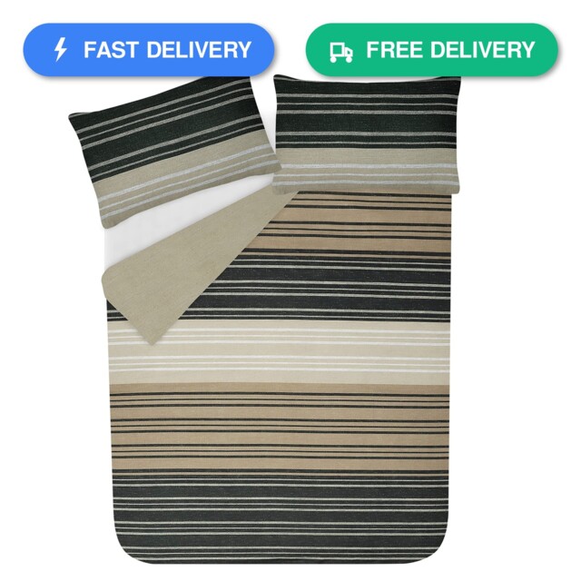 Sleepdown Duvet Cover Set - Brown - Textured Stripe - Reversible Quilt