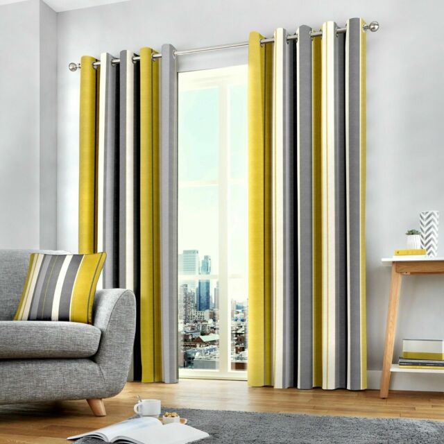 Fusion 100% Cotton Whitworth Ochre Yellow Vertical Stripe Curtains Or