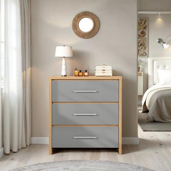Grey And Oak High Gloss Metal Handles 3 Drawer Seville Chest Of