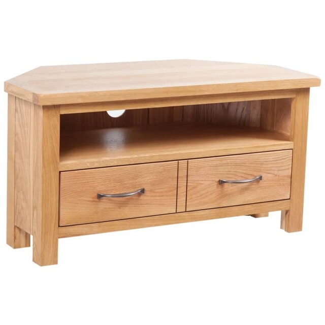 Solid Oak Wood Tv Cabinet 2 Drawers With Handles Brown Hifi Stand Unit