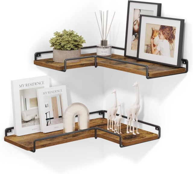 Rustic L-shaped Floating Corner Shelves Set Of 2 Wall Mounted Storage