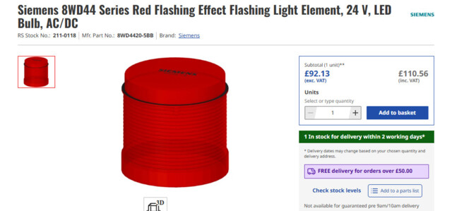 Siemens 8wd44 Series Red Flashing Effect Flashing Light Element, 24 V,