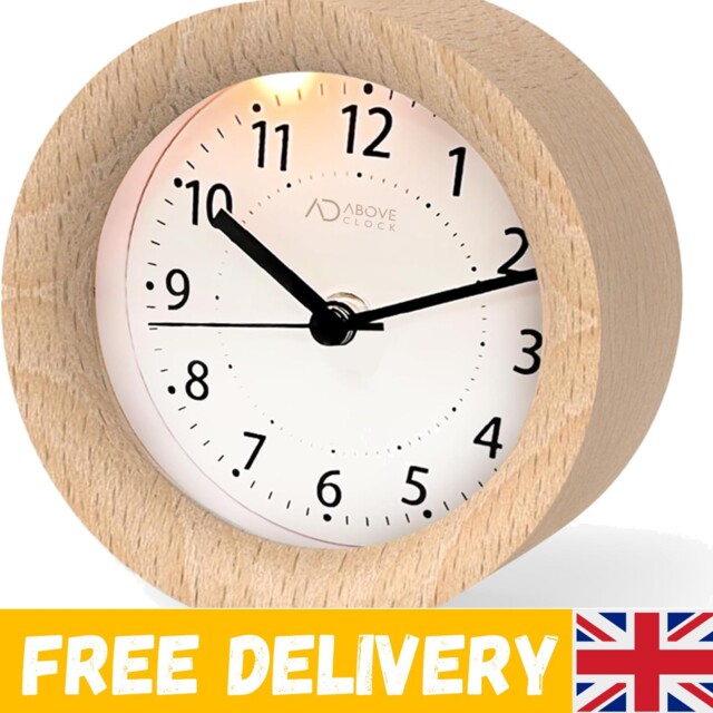 Natural Wood Analog Alarm Clock, Silent, Snooze, Night Light, Compact
