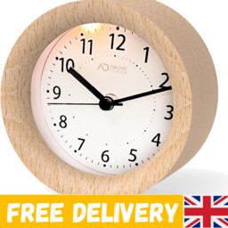Natural Wood Analog Alarm Clock, Silent, Snooze, Night Light, Compact