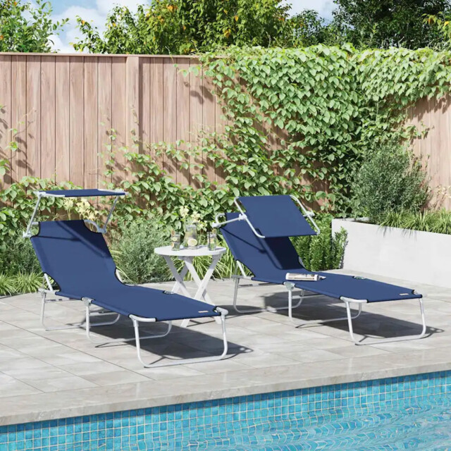 Sun Lounger Folding 2-person 2 Pcs Blue 58 X 188 X 77cm Fabric Vidaxl