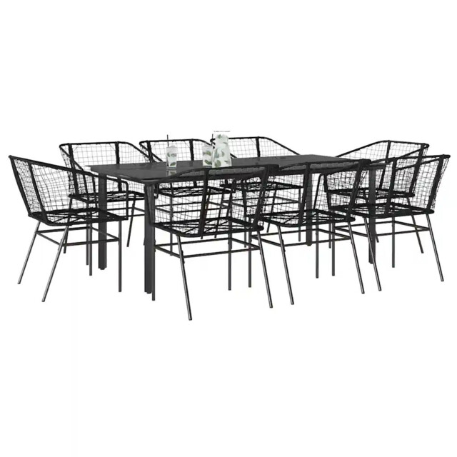 9 Piece Garden Dining Set Black Poly Rattan Glass Vidaxl