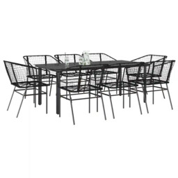9 Piece Garden Dining Set Black Poly Rattan Glass Vidaxl