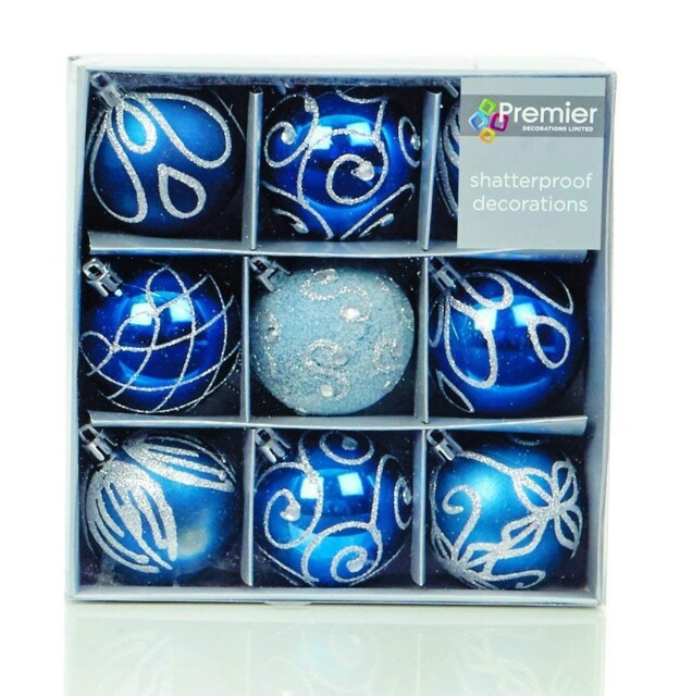 Shatterproof Mixed 9 Pack Of Christmas Baubles - Midnight Blue -