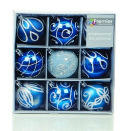 Shatterproof Mixed 9 Pack Of Christmas Baubles - Midnight Blue -