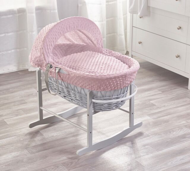 Girls Pink Moses Basket With Rocking Stand Mattress Wicker Padded