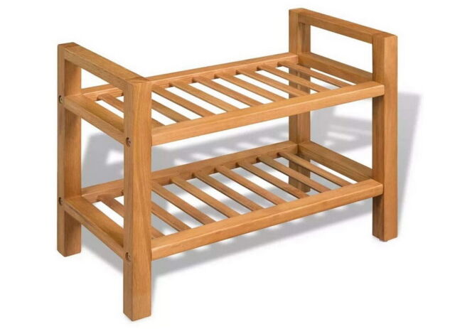 Small Shoe Rack 2 Shelves Solid Oak Wood Hallway Bathroom Wooden Shoes