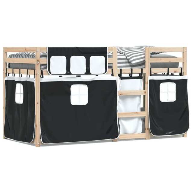 Bunk Bed With Curtains White & Black 90x190 Cm Solid Wood Pine Vidaxl