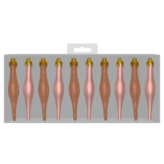Christmas Decoration 10 Pack 90mm Glitter / Plain Droplets - Rose Gold