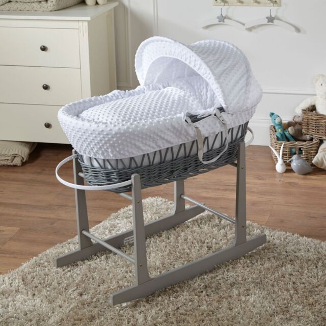Moses Basket Baby Grey Wicker With Grey Rocking Stand – White Dimple
