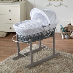 Moses Basket Baby Grey Wicker With Grey Rocking Stand – White Dimple